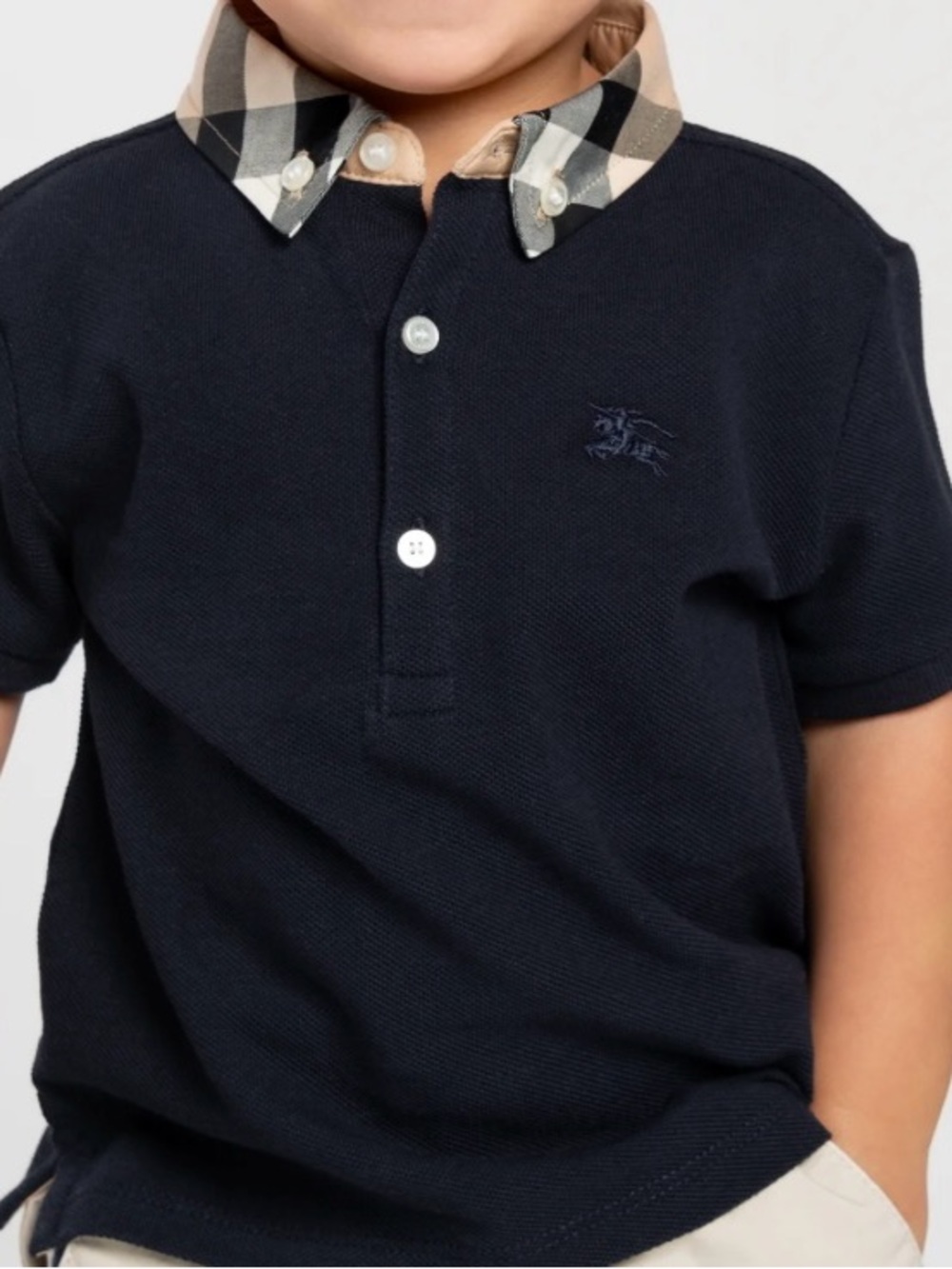 Burberry Navy Polo with Signature Beige Plaid Collar